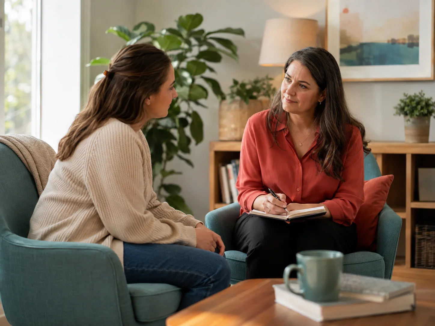 A caregiver listening and taking notes with a family member