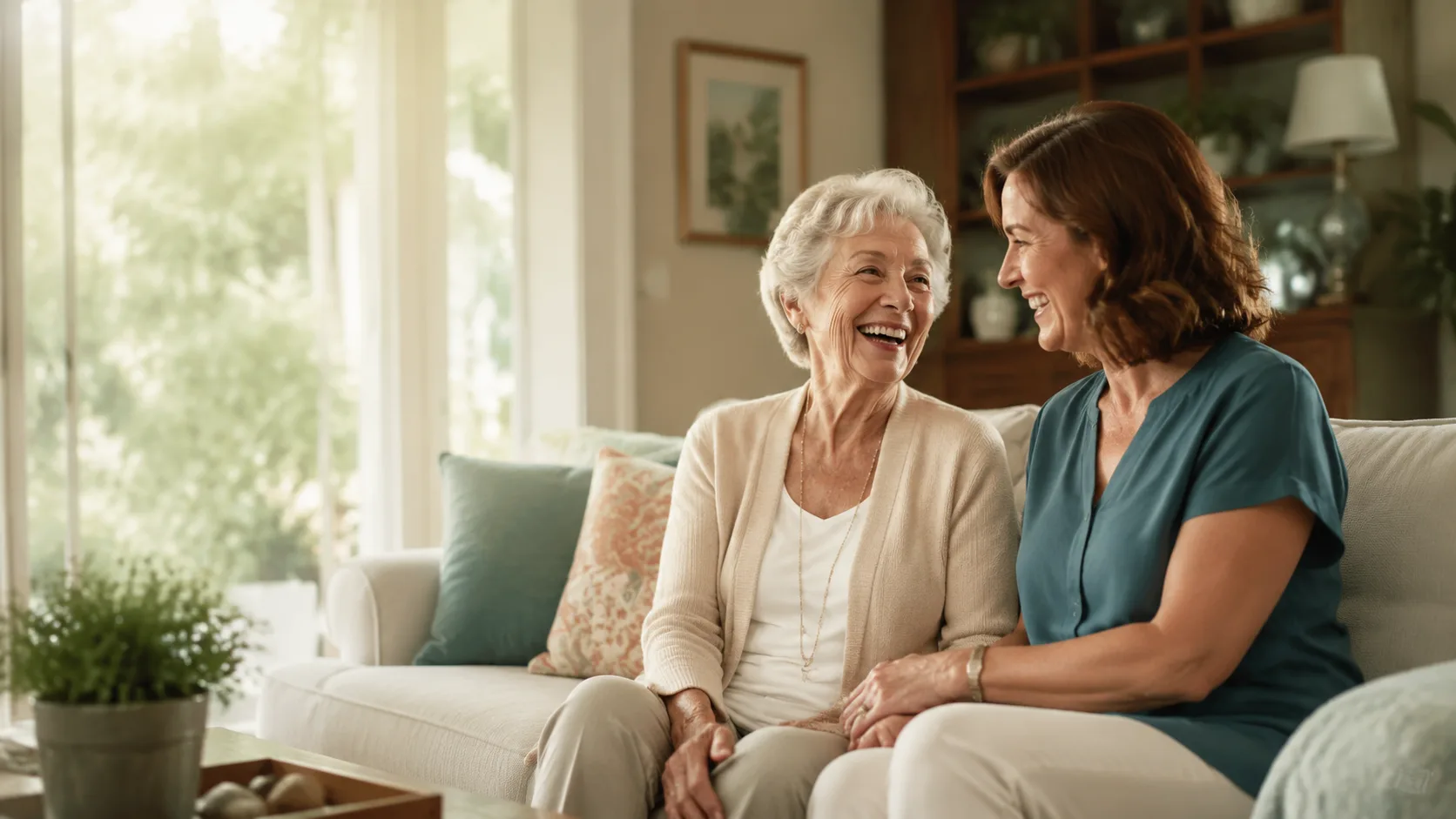 An older woman and her caregiver laughing together on a sofa