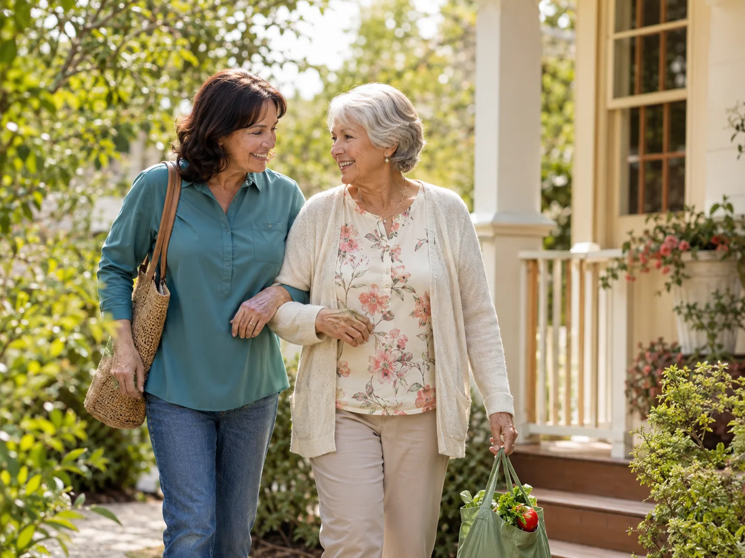 An older woman returning from an errand with her caregiver
