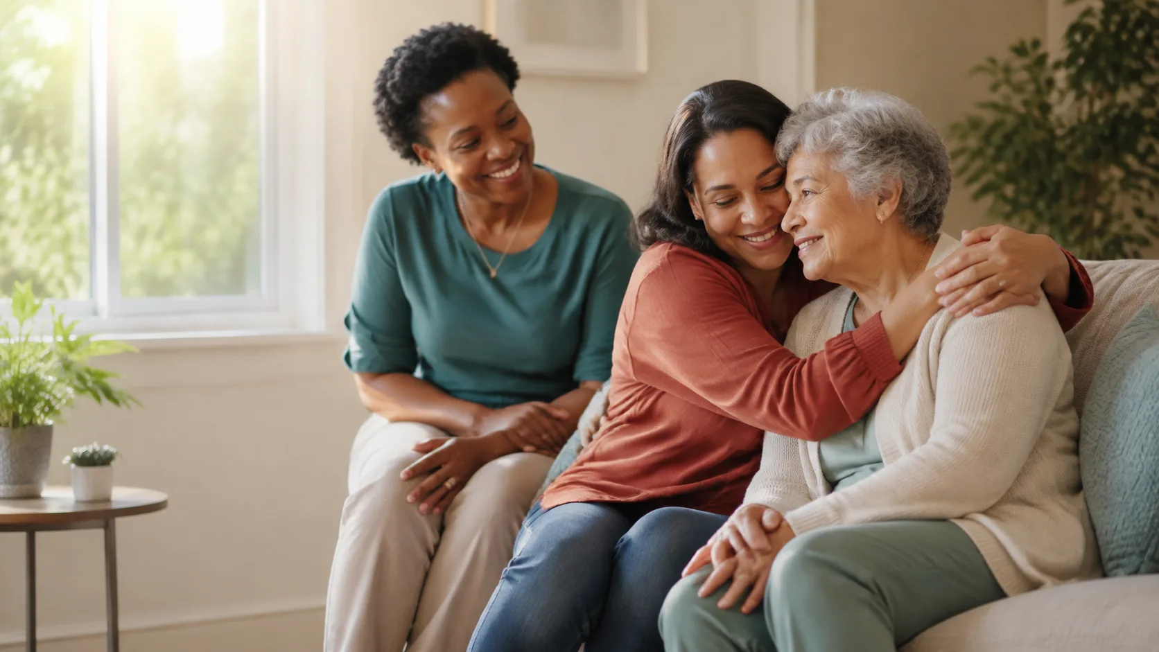 An older woman embraced by her daughter and caregiver on the sofa