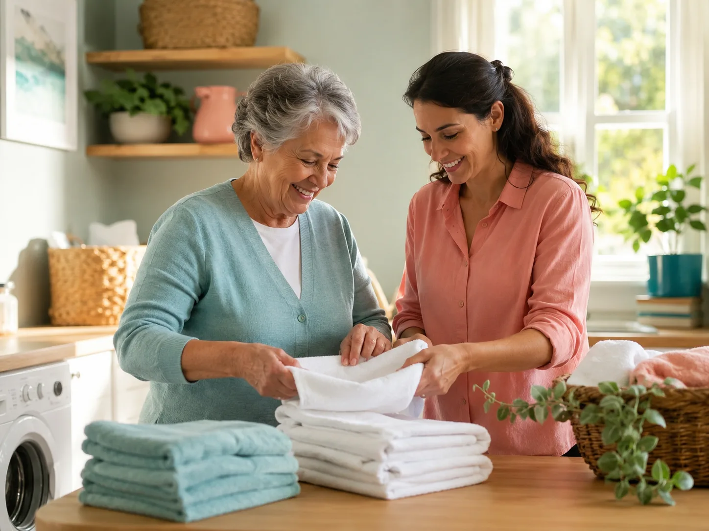 An older woman folding fresh laundry with her caregiver