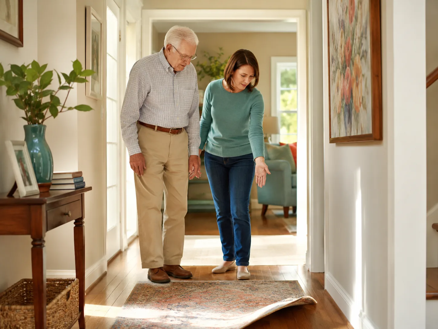 A caregiver walking beside an older man through his home