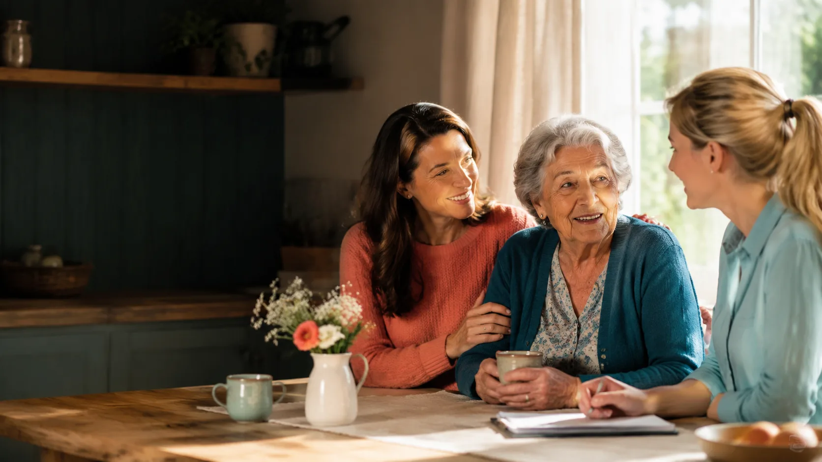 A family talking through care options together at the kitchen table