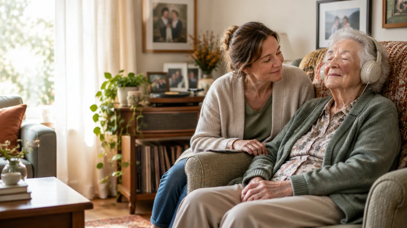 An older woman listening to music in her armchair while her caregiver sits beside her
