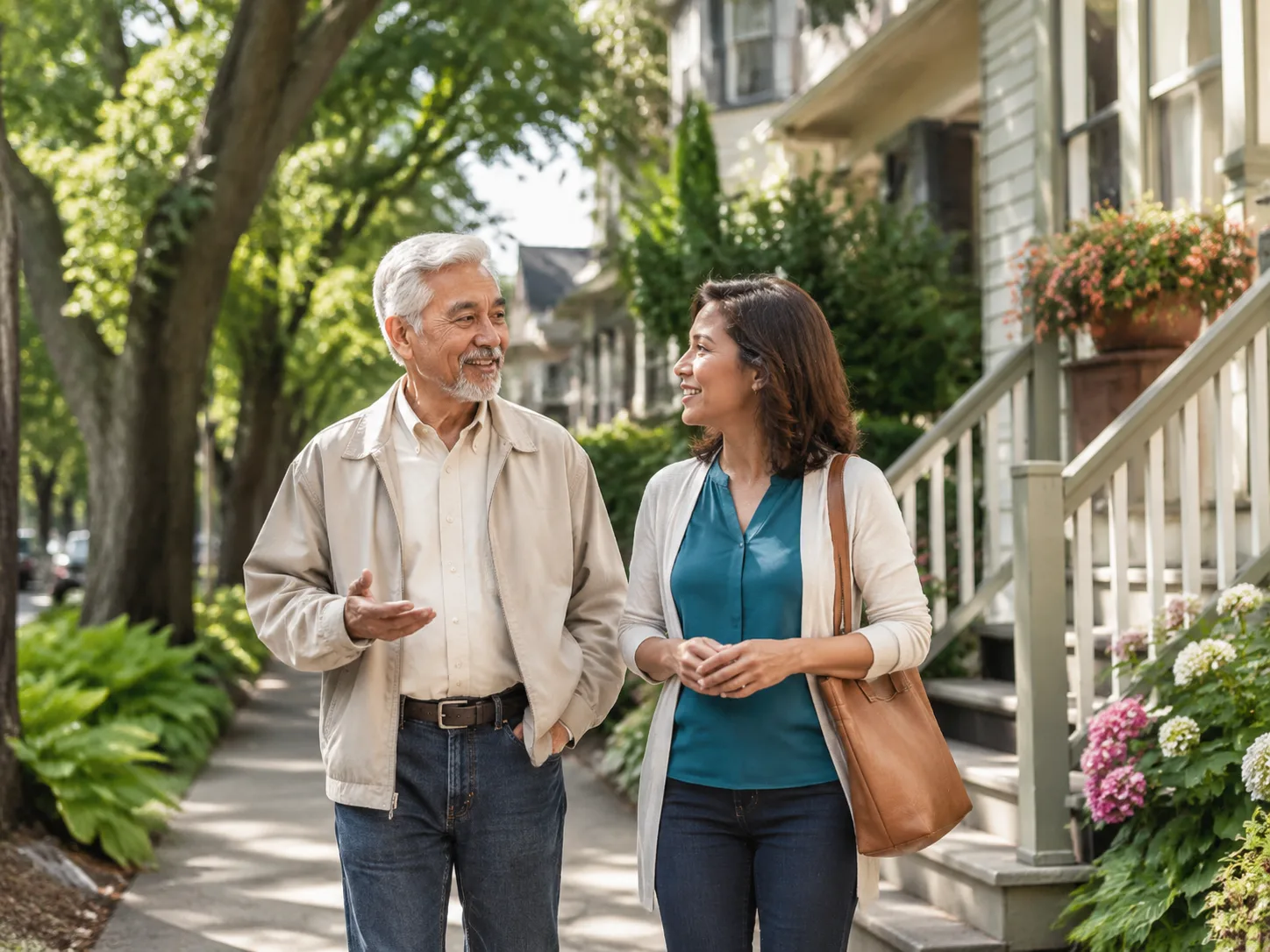 An older man walking outdoors with his caregiver on a tree-lined street