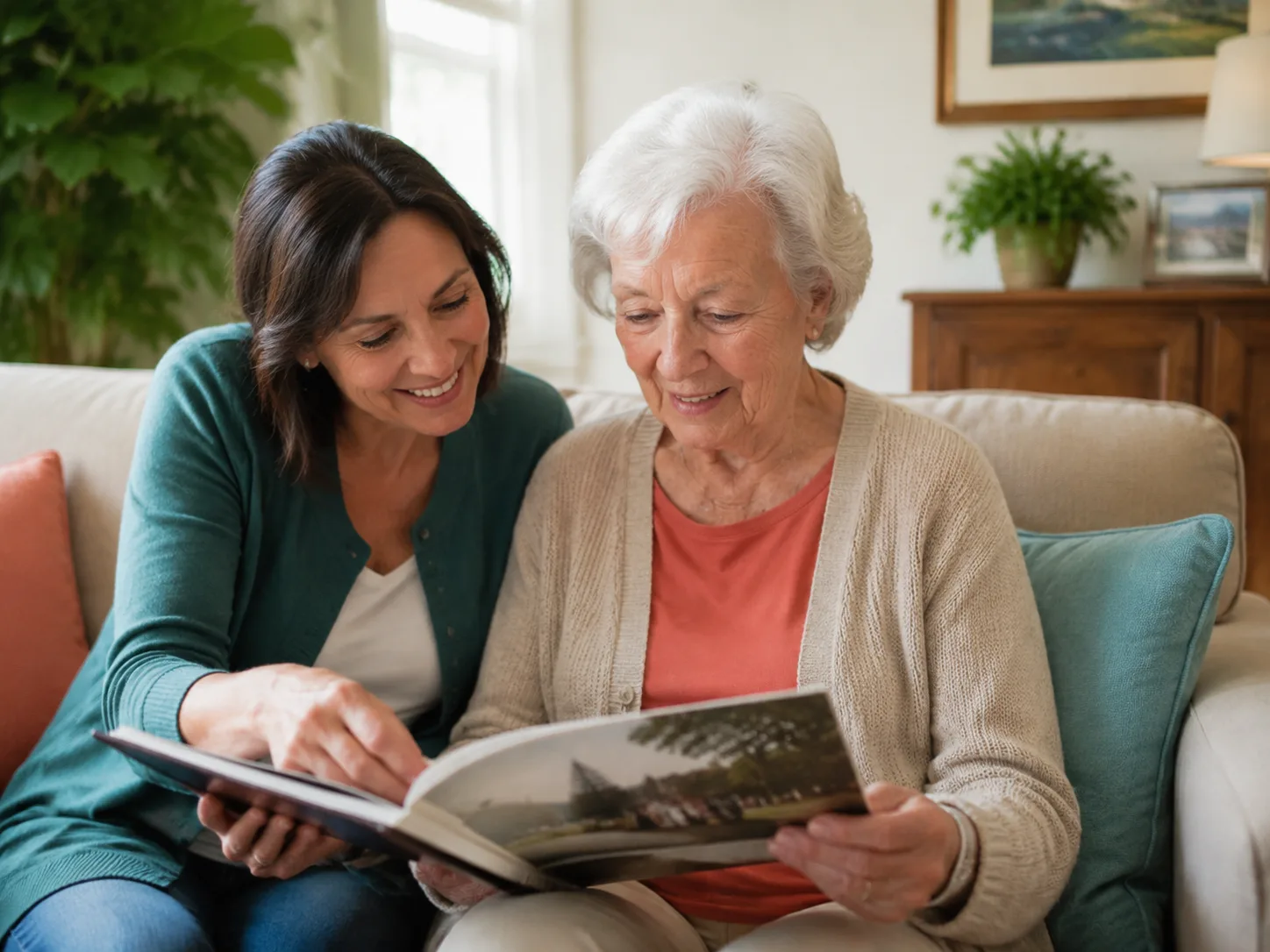 An older woman sharing a photo album with her caregiver