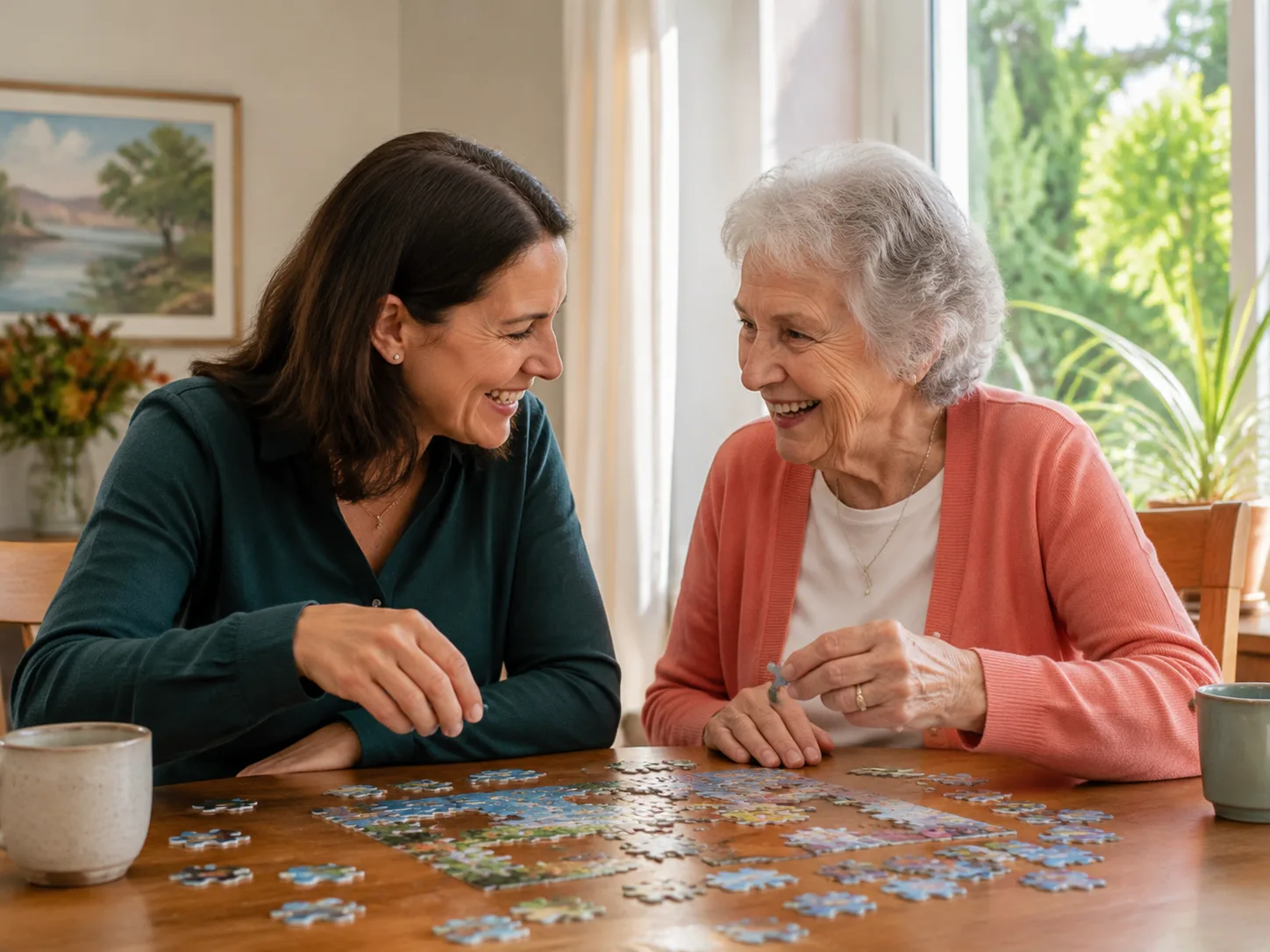 An older woman and her caregiver working on a jigsaw puzzle together