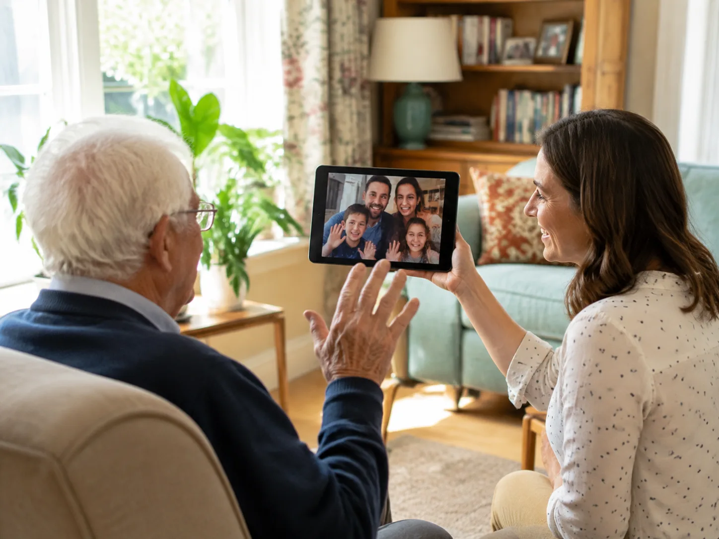 An older man on a video call with his family, helped by his caregiver